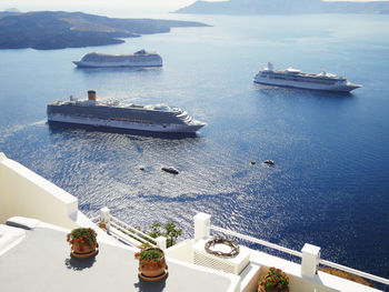 High angle view of ship sailing on sea against sky