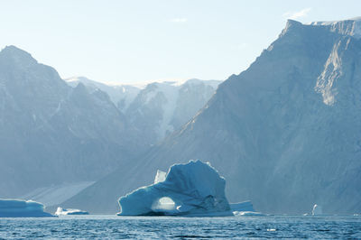 Scenic view of sea and snowcapped mountains against sky