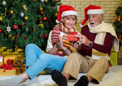 Rear view of people sitting on christmas tree