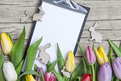 Colorful tulips and clipboard on table