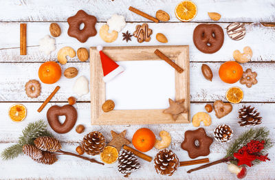 High angle view of heart shape cookies