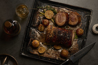 Close-up of served food on table