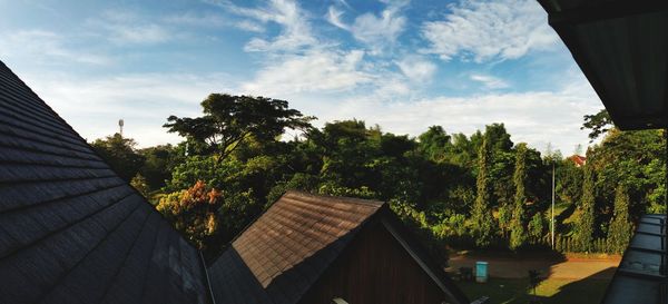 Plants and trees by building against sky