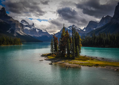 Scenic view of lake by trees against sky