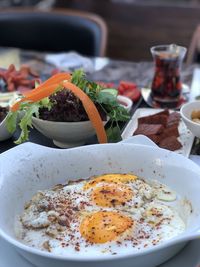 Close-up of breakfast served on table