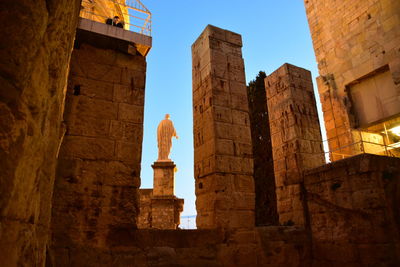 Low angle view of old temple building against sky