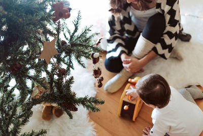 High angle view of christmas tree at home