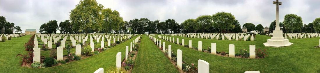 Panoramic view of cemetery against sky