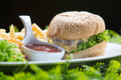 Close-up of burger in bowl