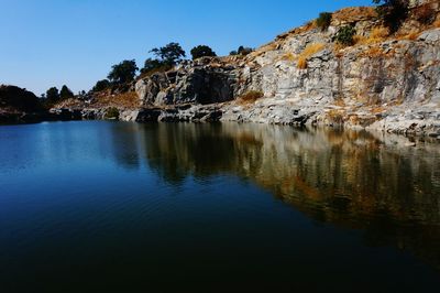 Scenic view of lake against clear blue sky