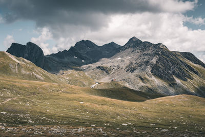 Scenic view of mountains against cloudy sky