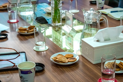 High angle view of breakfast on table