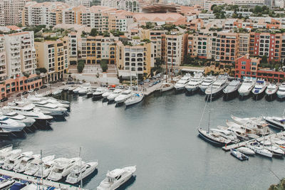 High angle view of canal amidst buildings in city