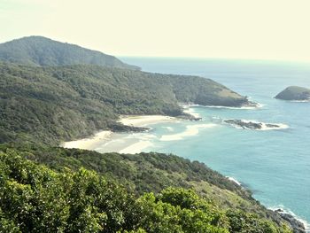 Scenic view of bay against clear sky