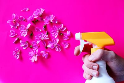 Cropped image of hand holding spray bottle by flowers over pink background