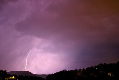 Low angle view of lightning over silhouette trees