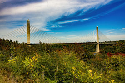 View of suspension bridge against cloudy sky