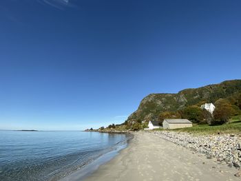 Scenic view of sea against clear blue sky