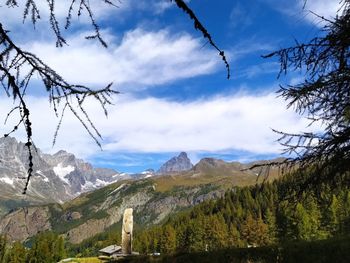 Low angle view of trees and mountains against sky