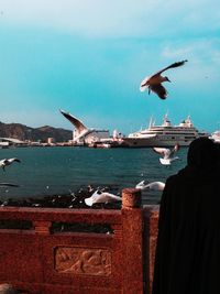 Rear view of seagull flying over sea against sky