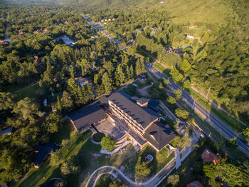 High angle view of trees and buildings in city