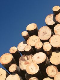 Stack of logs against sky