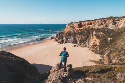 Rear view of man walking on beach against clear sky