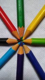 High angle view of colored pencils on table