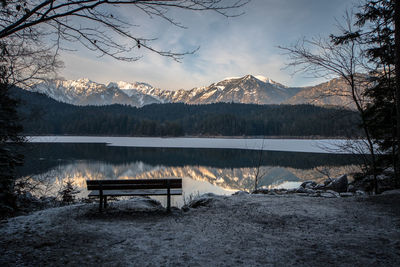 Scenic view of lake by mountains against sky