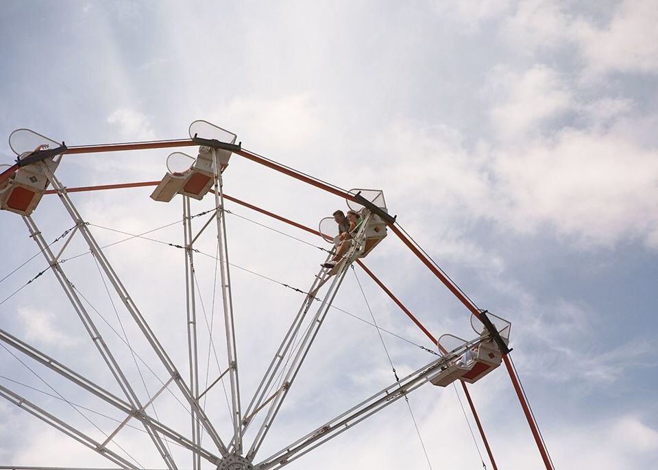 low angle view, sky, electricity pylon, connection, cloud - sky, electricity, power supply, fuel and power generation, technology, power line, metal, cloudy, cloud, day, development, construction site, outdoors, no people, amusement park, metallic