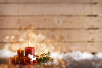 Close-up of illuminated candles on table