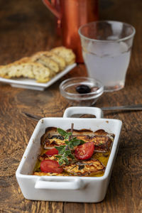 High angle view of food served on table