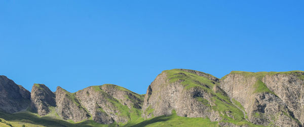 Low angle view of cliff against clear blue sky
