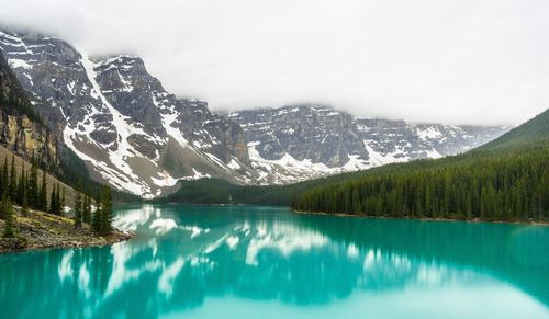 Scenic view of lake by mountains against sky