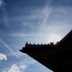 Low angle view of temple by building against sky