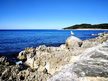 Scenic view of sea against clear blue sky