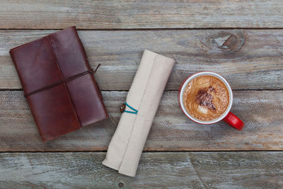 High angle view of coffee on table