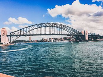 Arch bridge over river against sky in city