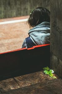 Rear view of woman sitting on bench