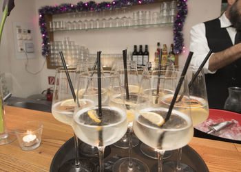 High angle view of wine glasses on table