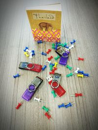 High angle view of toys on table