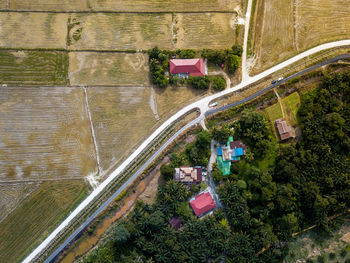 Aerial view of houses and trees in town