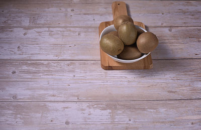 High angle view of bread on wooden table