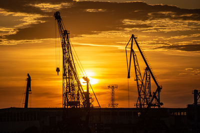 Silhouette cranes at sunset