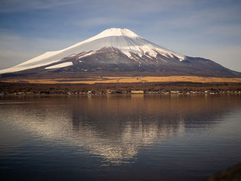 Scenic view of lake by snowcapped mountain against sky