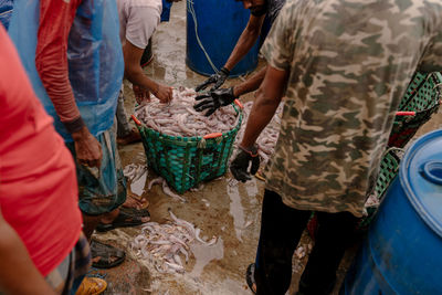 High-angle view of people at the fish market