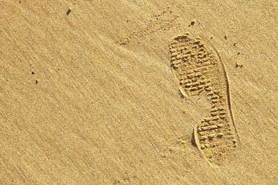 Close-up of footprints on sand at beach