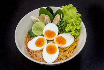 Close-up of breakfast served on table