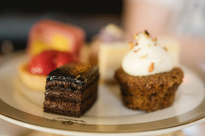 Close-up of cake served in plate on table