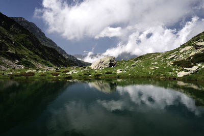 Scenic view of lake and mountains against sky